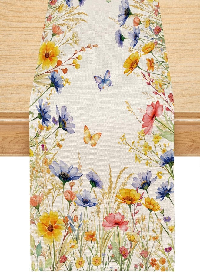 Siilues Sprin Table Runner, Colorful Wild Flower Butterfly Floral Spring Runner for Table Watercolor Seasonal Summer Holiday Home Party Decor Kitchen Dining Table Decorations 13x72 Inch - Image 1