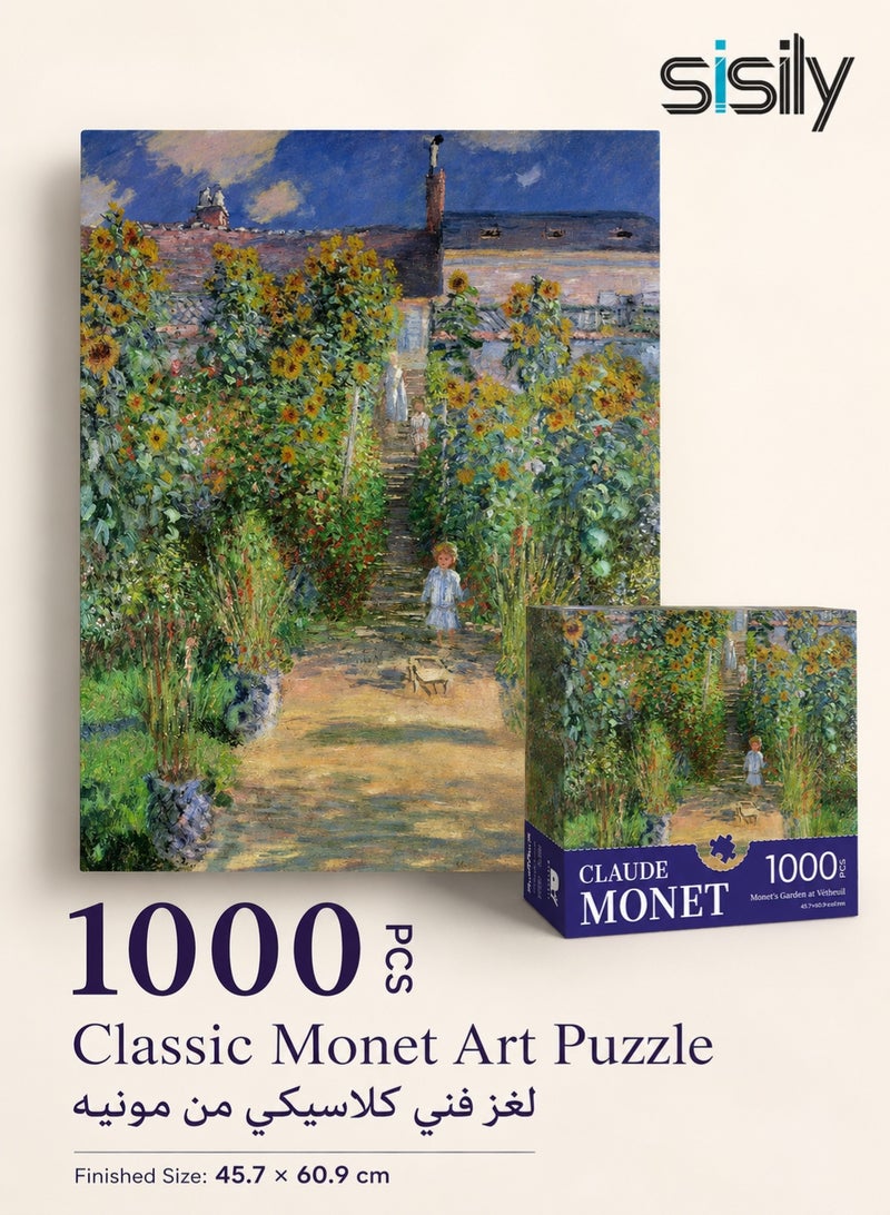 Sisily 1000 Pieces Jigsaw Puzzle Monet Garden Art Puzzle, White Card Paper Smooth Edge Oil Painting Style Puzzle, Finished Size 45.7 × 60.9 cm, Brain Teaser Gift For Adults Family Home Decor - Image 1