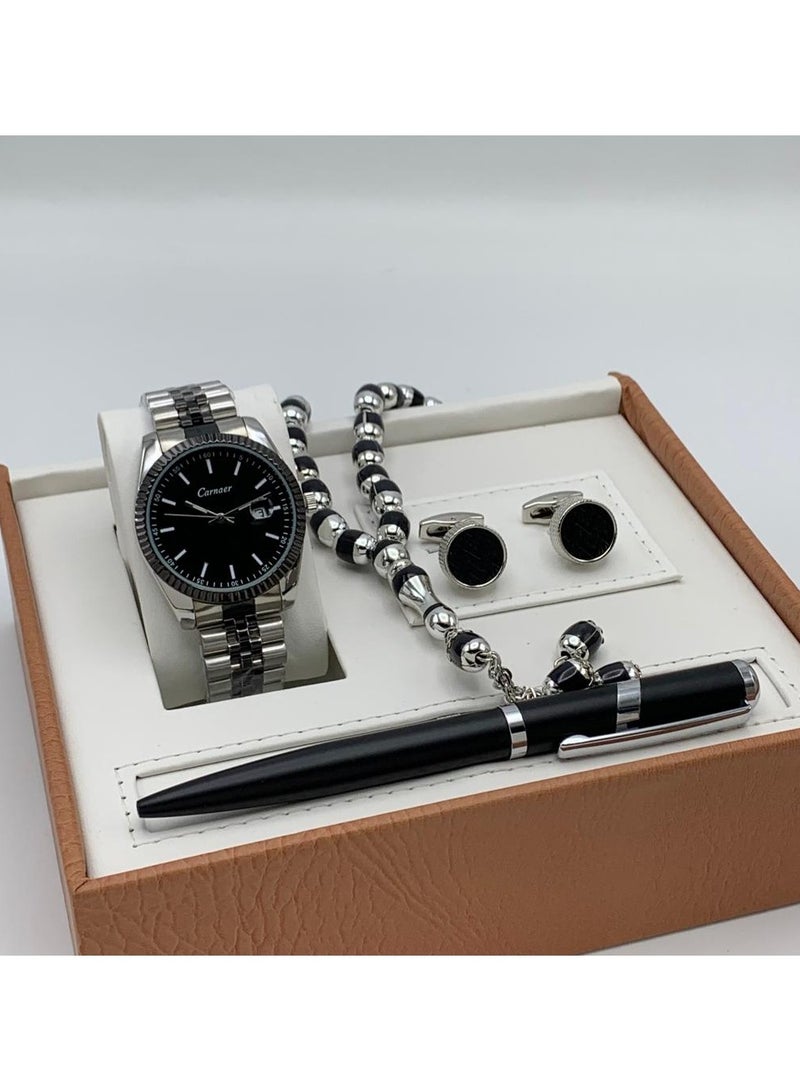 Men's set from Carnaer, consisting of fuor pieces: a watch, a pen, cufflinks, and a rosary.