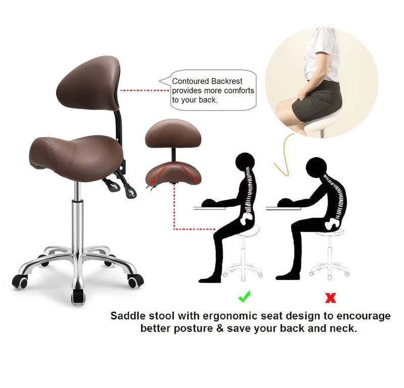 Kaleurrier Saddle Stool Rolling Swivel Height Adjustable with Wheels,Heavy Duty Anti-Fatigue Ergonomic Saddle Chair for Hair Beauty Salon Lab Dental Massage Office Home Kitchen (with Back, Coffee) - Image 5