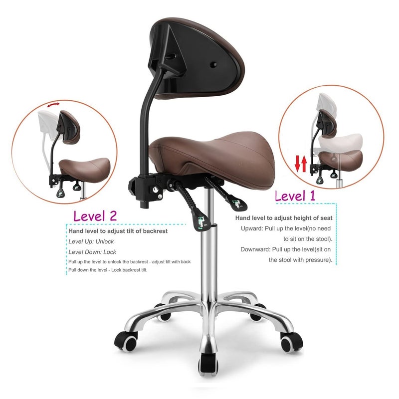 Kaleurrier Saddle Stool Rolling Swivel Height Adjustable with Wheels,Heavy Duty Anti-Fatigue Ergonomic Saddle Chair for Hair Beauty Salon Lab Dental Massage Office Home Kitchen (with Back, Coffee) - Image 3