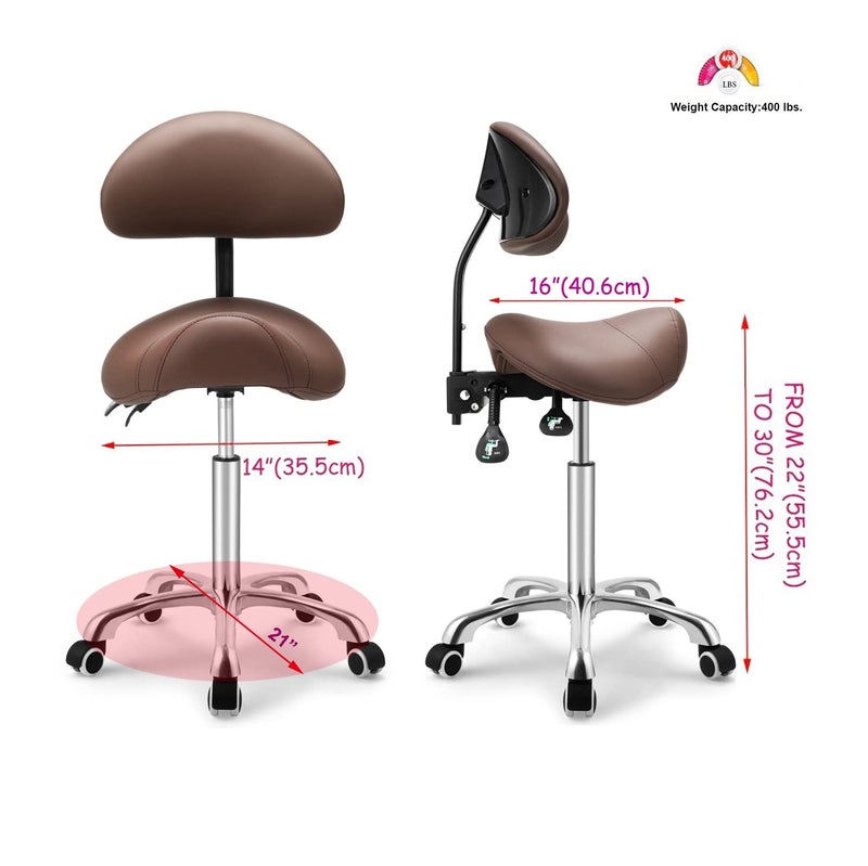 Kaleurrier Saddle Stool Rolling Swivel Height Adjustable with Wheels,Heavy Duty Anti-Fatigue Ergonomic Saddle Chair for Hair Beauty Salon Lab Dental Massage Office Home Kitchen (with Back, Coffee) - Image 4