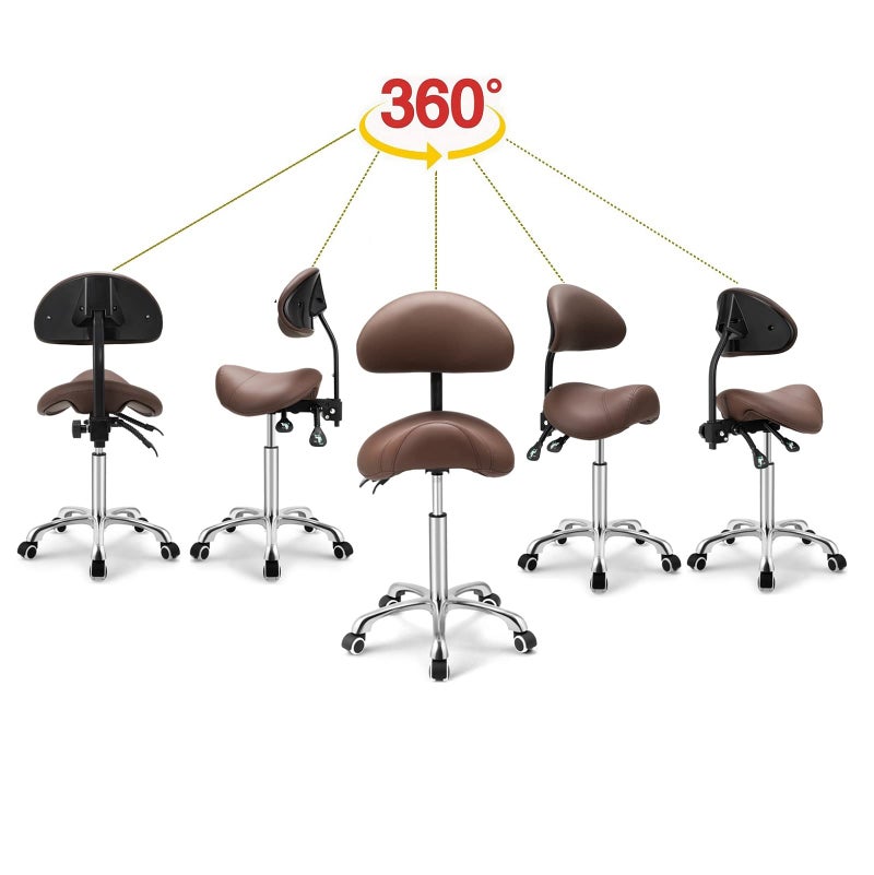 Kaleurrier Saddle Stool Rolling Swivel Height Adjustable with Wheels,Heavy Duty Anti-Fatigue Ergonomic Saddle Chair for Hair Beauty Salon Lab Dental Massage Office Home Kitchen (with Back, Coffee) - Image 2