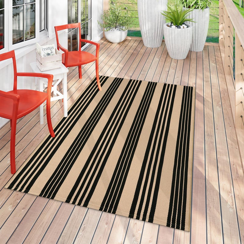Sungea Black and Khaki Striped Outdoor Rug 4x6 ft  Washable Cotton Woven Patio Rug  Reversible Foldable Front Porch Decor Indoor Outdoor Rugs for Farmhouse/Living Room - Image 1