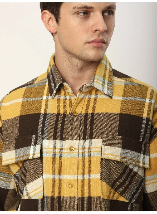 بيونغ قميص فلانيل كاروهات أصفر معاد تدويره