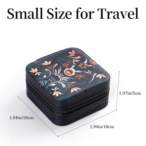 Artinhand Norwegian Rosemaling Folk Style Small Travel Jewelry Case with Mirror Portable Black PU Leather Box Earrings Necklaces Rings Bracelets Storage Organizer Gift for Women And Girls - Image 2