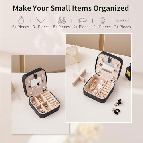 Artinhand Norwegian Rosemaling Folk Style Small Travel Jewelry Case with Mirror Portable Black PU Leather Box Earrings Necklaces Rings Bracelets Storage Organizer Gift for Women And Girls - Image 4