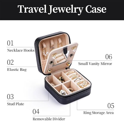 Artinhand Norwegian Rosemaling Folk Style Small Travel Jewelry Case with Mirror Portable Black PU Leather Box Earrings Necklaces Rings Bracelets Storage Organizer Gift for Women And Girls - Image 3