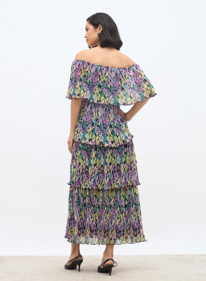ستايلي فستان ماكسي بطبعات زهور شاملة وكتف مكشوف وطبقات - Image 5