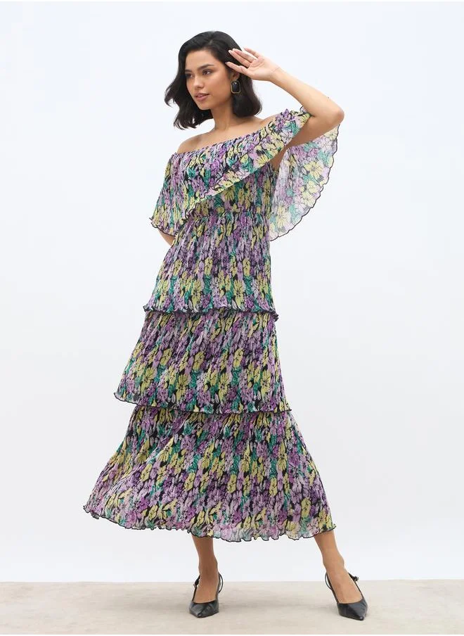 ستايلي Styli All-Over Floral Print Off-Shoulder Tiered Maxi Dress