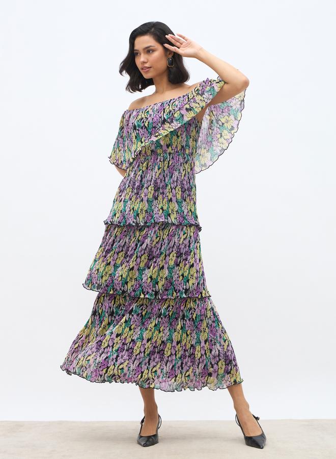 ستايلي فستان ماكسي بطبعات زهور شاملة وكتف مكشوف وطبقات - Image 1