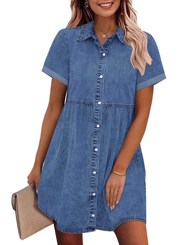 GRAPENT Denim Dress for Women Babydoll Tiered Short Sleeve Button Down Jean Shirt Dresses Medium Blue Summer Teacher Outfits Country Concert Casual Dresses Fall Fashion X-Large Over Size 16 to 18 - Image 1
