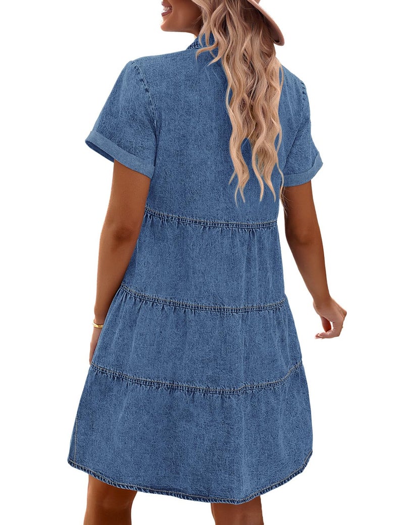 GRAPENT Denim Dress for Women Babydoll Tiered Short Sleeve Button Down Jean Shirt Dresses Medium Blue Summer Teacher Outfits Country Concert Casual Dresses Fall Fashion X-Large Over Size 16 to 18 - Image 2