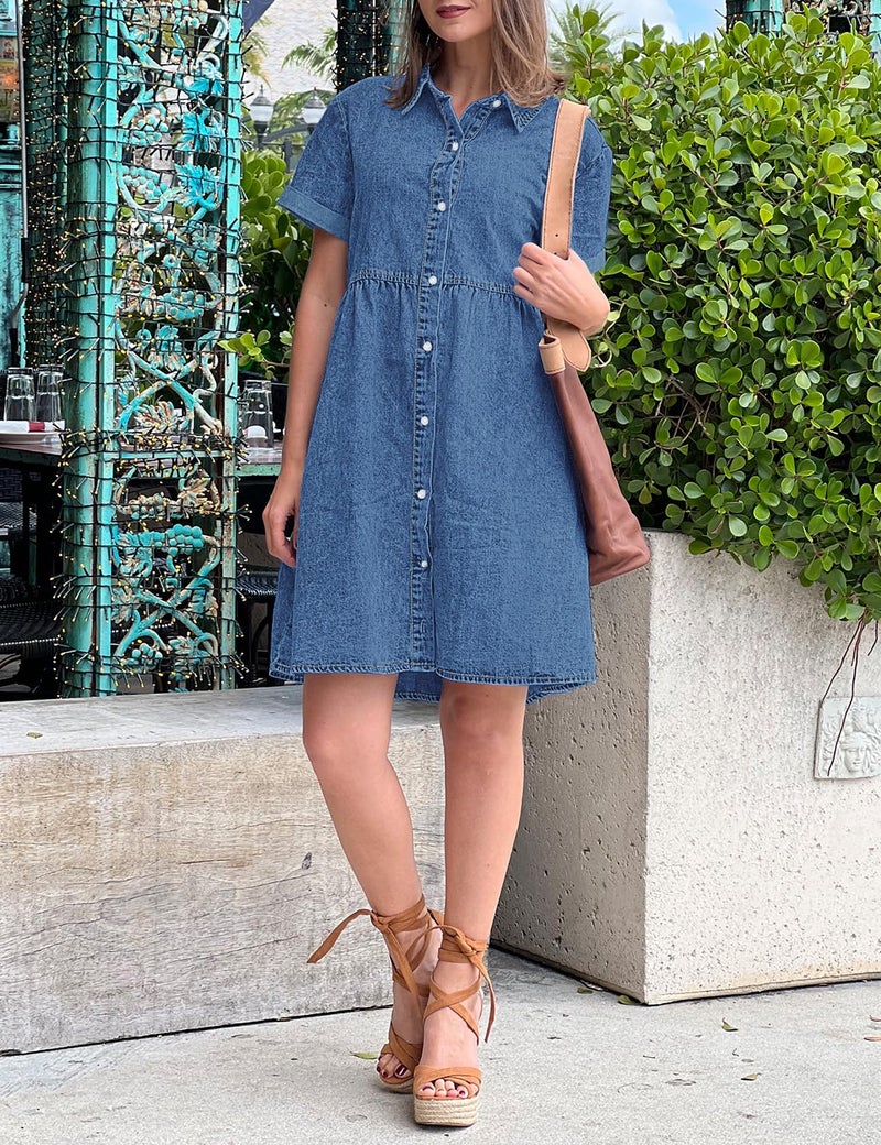 GRAPENT Denim Dress for Women Babydoll Tiered Short Sleeve Button Down Jean Shirt Dresses Medium Blue Summer Teacher Outfits Country Concert Casual Dresses Fall Fashion X-Large Over Size 16 to 18 - Image 4