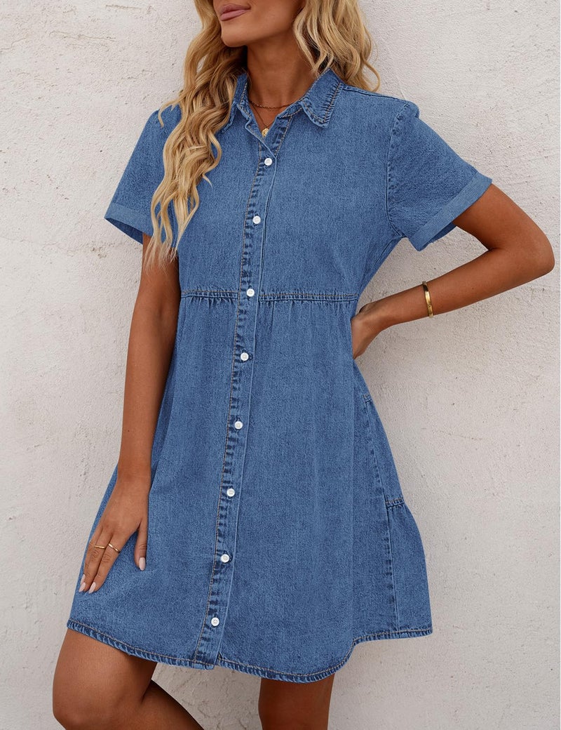 GRAPENT Denim Dress for Women Babydoll Tiered Short Sleeve Button Down Jean Shirt Dresses Medium Blue Summer Teacher Outfits Country Concert Casual Dresses Fall Fashion X-Large Over Size 16 to 18 - Image 3
