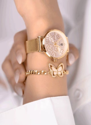 Captivating Gold Zirconium Watch and Bracelet Set with Butterfly Design