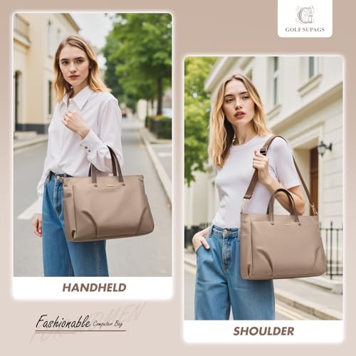GOLF SUPAGS 15 Inch Laptop Tote Bag for Women, Lightweight Nylon Work Shoulder Bag, Water-Resistant Computer Handbag with Pockets for Business Travel & Commute (Champagne) - Image 2