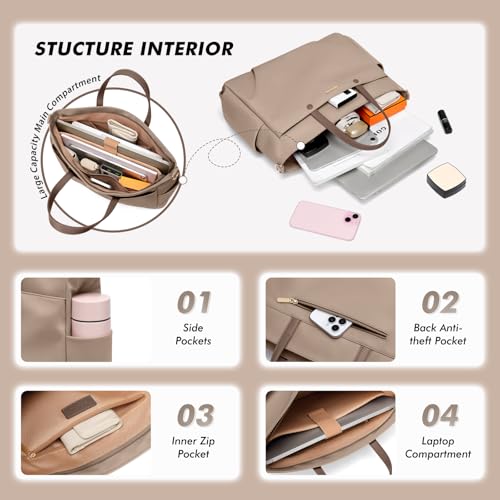 GOLF SUPAGS 15 Inch Laptop Tote Bag for Women, Lightweight Nylon Work Shoulder Bag, Water-Resistant Computer Handbag with Pockets for Business Travel & Commute (Champagne) - Image 4