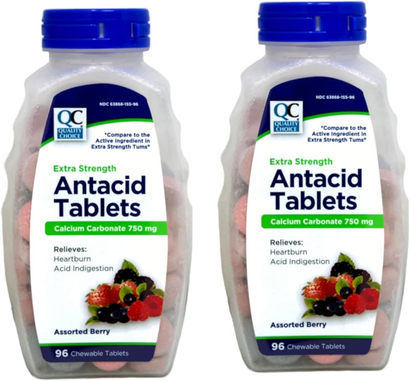 Quality Choice Extra Strength Antacid Tablets Calcium Carbonate 750 mg Assorted Berry 96 Chewable Tablets Pack of 2 - Image 1