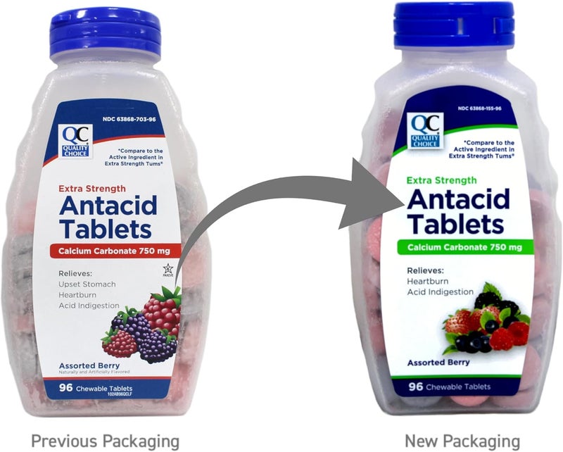 Quality Choice Extra Strength Antacid Tablets Calcium Carbonate 750 mg Assorted Berry 96 Chewable Tablets Pack of 2 - Image 4