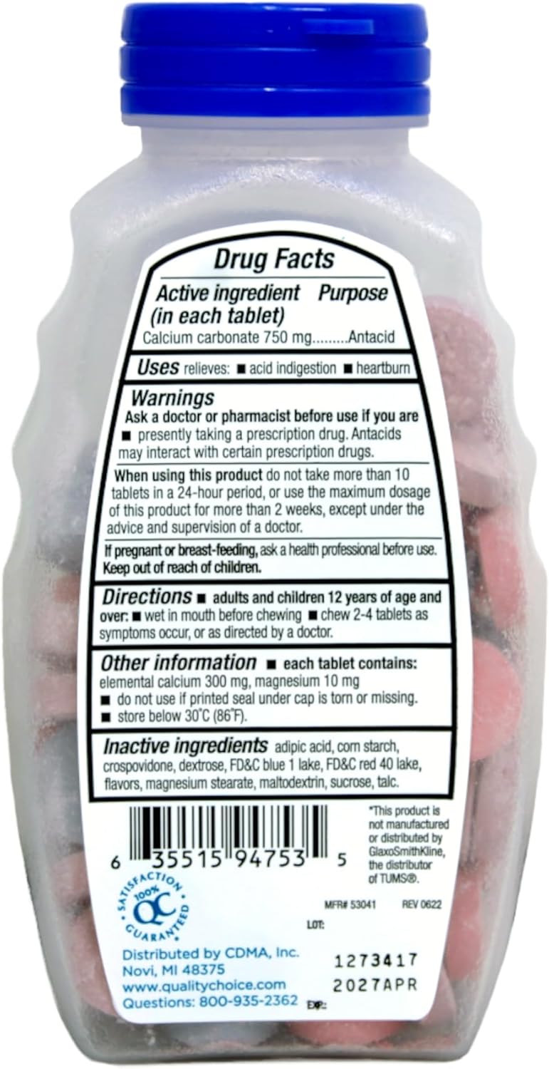 Quality Choice Extra Strength Antacid Tablets Calcium Carbonate 750 mg Assorted Berry 96 Chewable Tablets Pack of 2 - Image 3
