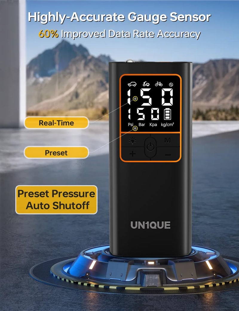 UN1QUE PT600 Cordless Tyre inflator for Car and Bike,150 PSI,6000 mAh Car Air Pump with LED Flash Light,Digital Display,Auto Shutoff Air Inflator for Cars,Bikes,Motorcycles,Balls - Image 4
