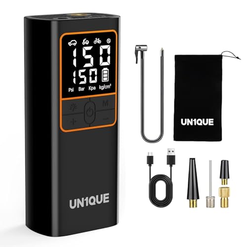 UN1QUE PT600 Cordless Tyre inflator for Car and Bike,150 PSI,6000 mAh Car Air Pump with LED Flash Light,Digital Display,Auto Shutoff Air Inflator for Cars,Bikes,Motorcycles,Balls - Image 1