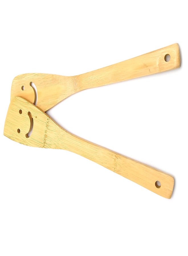 جاراساني طقم أدوات مطبخ مكون من قطعتين، ملاعق خشبية مزينة بوجه مبتسم من الخيزران، بطول 12 بوصة، مناسبة لأواني الطهي غير اللاصقة والمقلاة الصينية (ووك). - Image 4