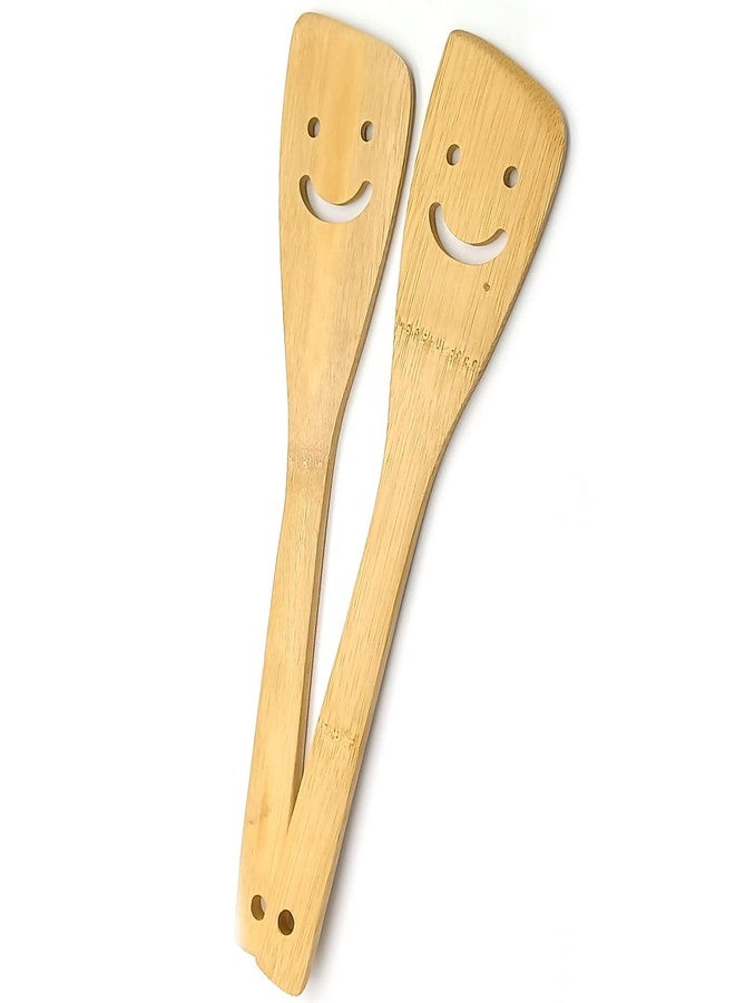 جاراساني طقم أدوات مطبخ مكون من قطعتين، ملاعق خشبية مزينة بوجه مبتسم من الخيزران، بطول 12 بوصة، مناسبة لأواني الطهي غير اللاصقة والمقلاة الصينية (ووك). - Image 2