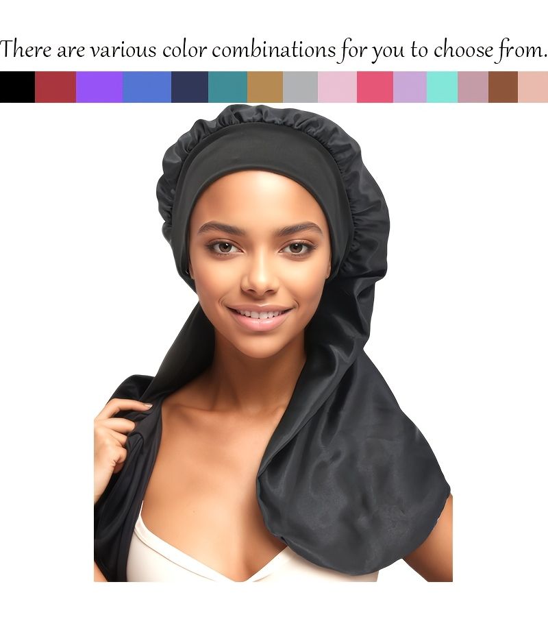 1pc Red Bean Paste Red Long Hair Satin Bonnet for Sleeping Extra Large Night Hat - Image 1