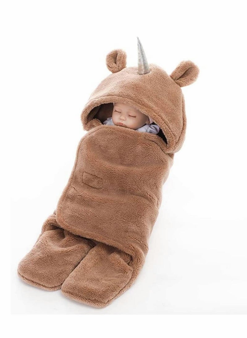 Baby Cute Hooded Swaddle Receiving Blanket, Fleece Cotton Stroller Crib Sleeping Bag Sack for Universal Baby Cute Newborn Infant Baby Boy Girl Swaddle Photography Prop For 0-12 Months (Camel) - Image 1