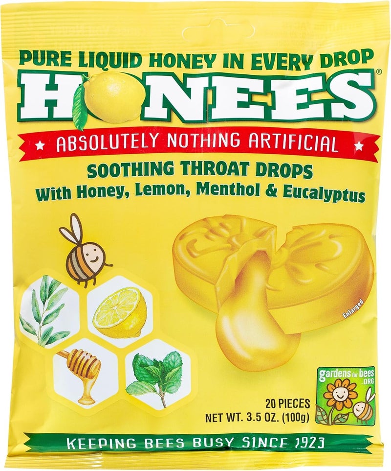 Honees Filled Honey Lemon Cough Drops Filled with Honey Menthol Lemon and Eucalyptus Nothing Artificial Natural Sore Throat Lozenges NonGMO Gluten Free 1 Pack 20 Drops - Image 1