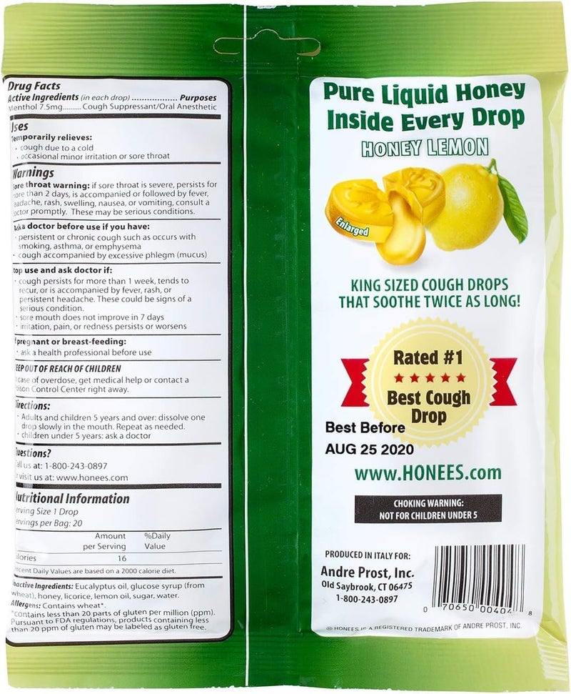 Honees Filled Honey Lemon Cough Drops Filled with Honey Menthol Lemon and Eucalyptus Nothing Artificial Natural Sore Throat Lozenges NonGMO Gluten Free 1 Pack 20 Drops - Image 3