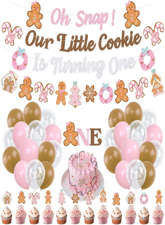 K KUMEED Pink Gingerbread First Birthday Decorations,Oh Snap!Our Little Cookie Is Turning One Banner Gingerbread House Cake Topper Latex Balloons for Winter Merry Xmas Christmas 1st Birthday - Image 1