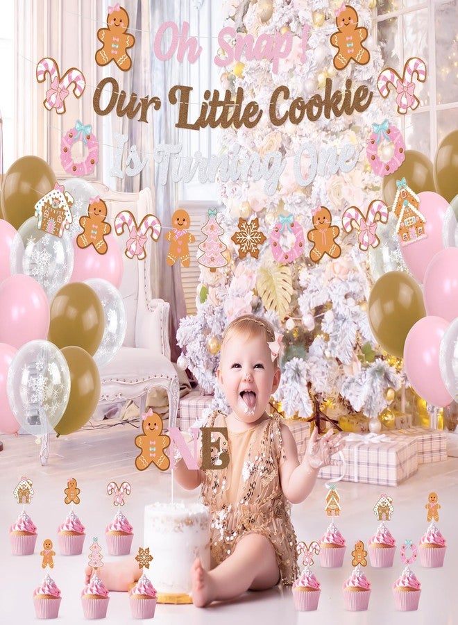 K KUMEED Pink Gingerbread First Birthday Decorations,Oh Snap!Our Little Cookie Is Turning One Banner Gingerbread House Cake Topper Latex Balloons for Winter Merry Xmas Christmas 1st Birthday - Image 5