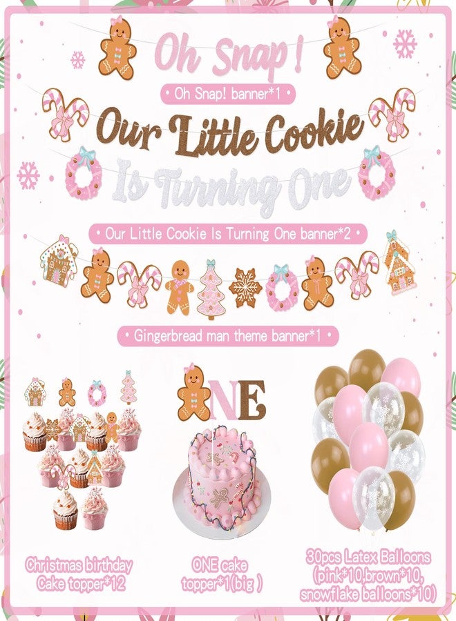 K KUMEED Pink Gingerbread First Birthday Decorations,Oh Snap!Our Little Cookie Is Turning One Banner Gingerbread House Cake Topper Latex Balloons for Winter Merry Xmas Christmas 1st Birthday - Image 2
