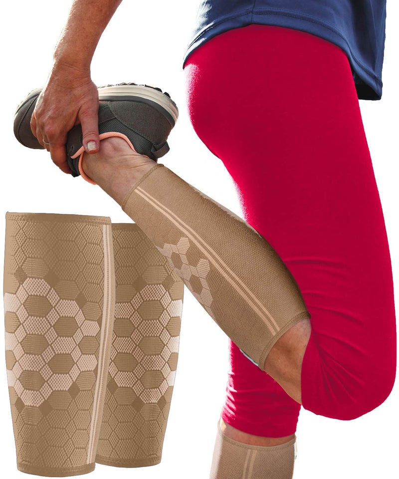 Sparthos Calf Compression Sleeves Pair Leg Compression Socks for Men and Women Shin Splint Calf Pain Relief Calf Air Travel Flight Nurses Maternity Basketball Football Soccer BeigeL