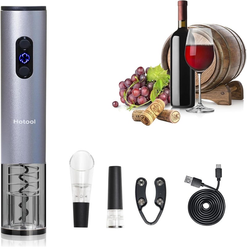 HOWTOOL Electric Wine Bottle Opener Automatic Wine Opener Rechargeable Electric Corkscrew with Wine Aerator,Foil Cutter,Wine Stopper,USB-C Charge Cable, Wine Gifts For Women Wine Lovers(Silver) - Image 1