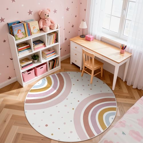 STARUIA Round Rainbow Nursery Rug, 5 Ft Washable Kids Rug for Playroom, Non-Slip Colorful Rugs for Classroom, Large Princess Rugs Soft Girls Bedroom Carpet for Kids Room Reading Nook - Image 3