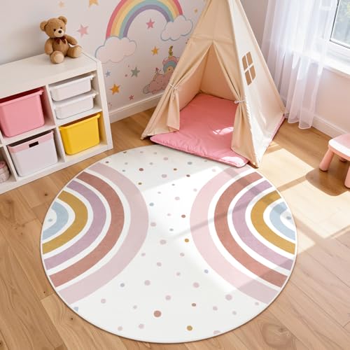 STARUIA Round Rainbow Nursery Rug, 5 Ft Washable Kids Rug for Playroom, Non-Slip Colorful Rugs for Classroom, Large Princess Rugs Soft Girls Bedroom Carpet for Kids Room Reading Nook - Image 2