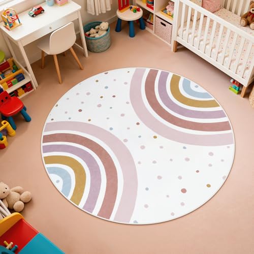 STARUIA Round Rainbow Nursery Rug, 5 Ft Washable Kids Rug for Playroom, Non-Slip Colorful Rugs for Classroom, Large Princess Rugs Soft Girls Bedroom Carpet for Kids Room Reading Nook - Image 1