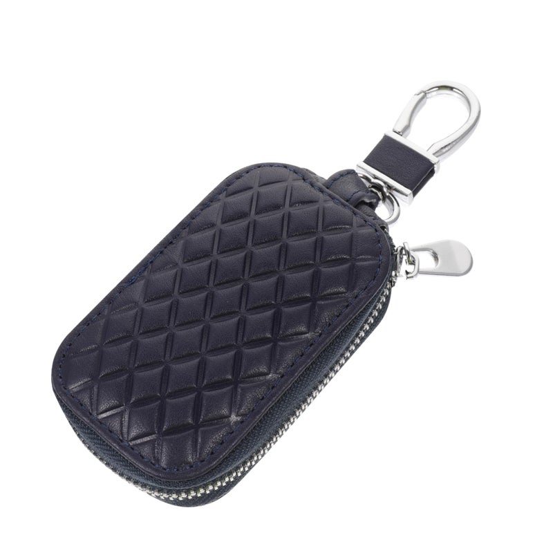 Universal Blue Diamond Pattern Leather Car Key Fob Cover Zipper Bag Remote Protector - Image 2