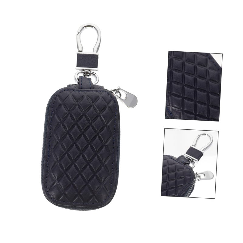 Universal Blue Diamond Pattern Leather Car Key Fob Cover Zipper Bag Remote Protector - Image 3