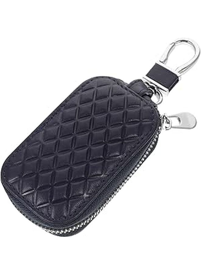 Universal Blue Diamond Pattern Leather Car Key Fob Cover Zipper Bag Remote Protector - Image 1