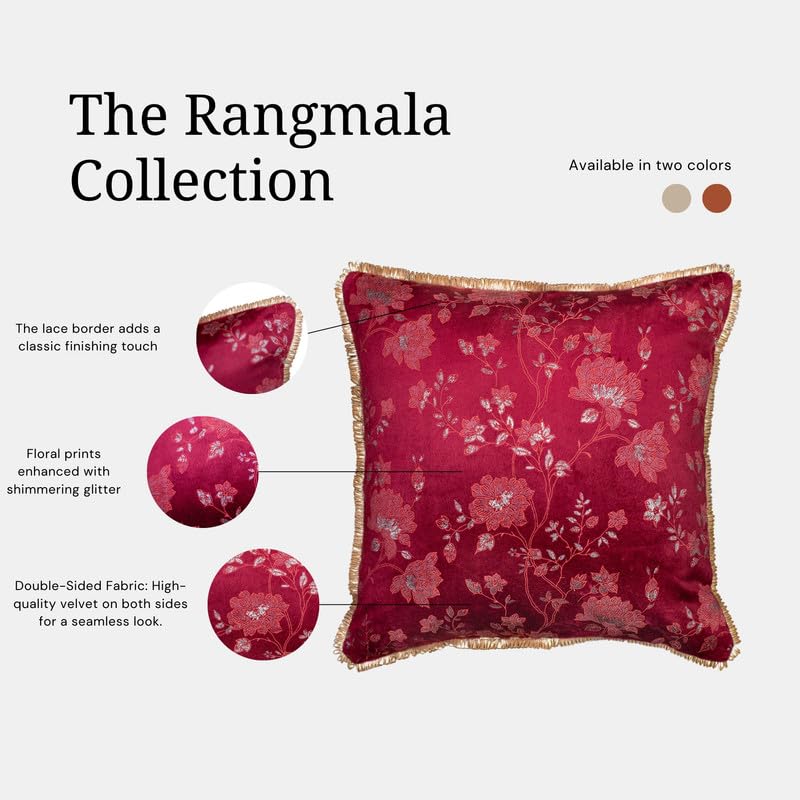 Vendola Velvet Jacquard Decorative Floral Cushion Cover 16 Inch x 16 Inch with Shimmering Glitter Design & Lace Border, Festive Design (16X16 Inches, Mehroon Red, Set of 1) - Image 4