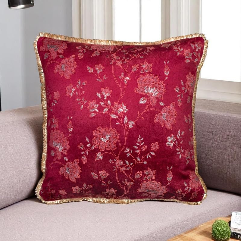Vendola Velvet Jacquard Decorative Floral Cushion Cover 16 Inch x 16 Inch with Shimmering Glitter Design & Lace Border, Festive Design (16X16 Inches, Mehroon Red, Set of 1) - Image 1