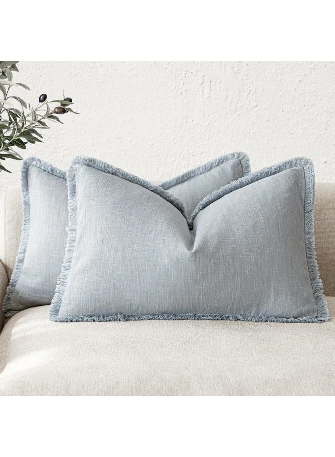 Foindtower Set of 2 Decorative Linen Fringe Lumbar Throw Pillow Covers Boho Farmhouse Cushion Cover with Tassels Soft Accent Pillowcase for Couch Sofa Bed Living Room Home Decor,12×20 Inch,Sky Blue - Image 1