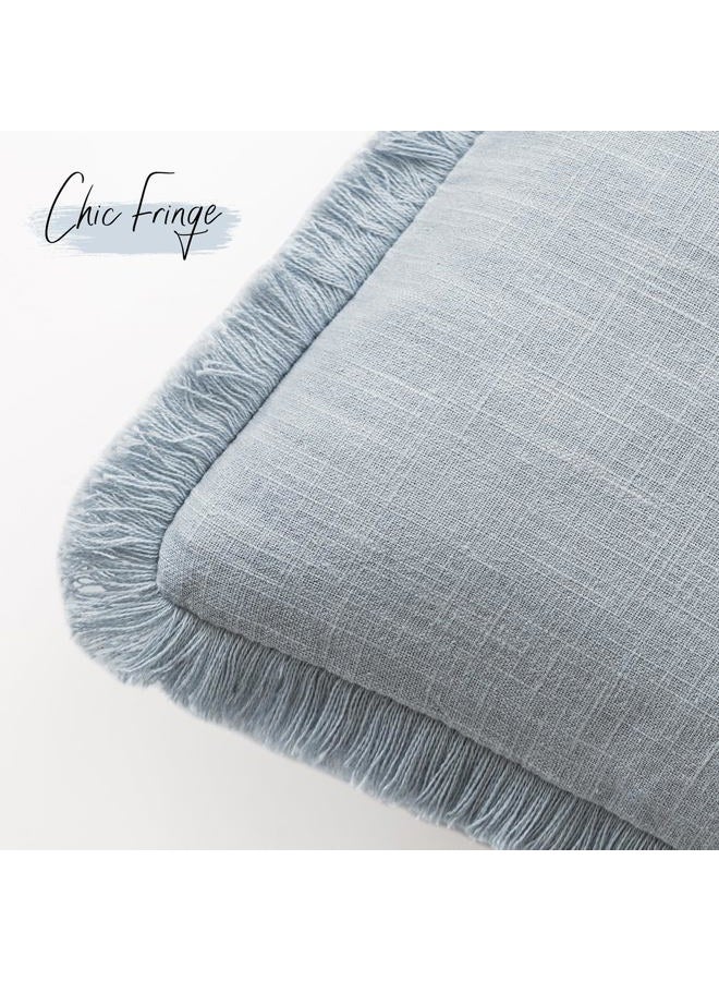 Foindtower Set of 2 Decorative Linen Fringe Lumbar Throw Pillow Covers Boho Farmhouse Cushion Cover with Tassels Soft Accent Pillowcase for Couch Sofa Bed Living Room Home Decor,12×20 Inch,Sky Blue - Image 3