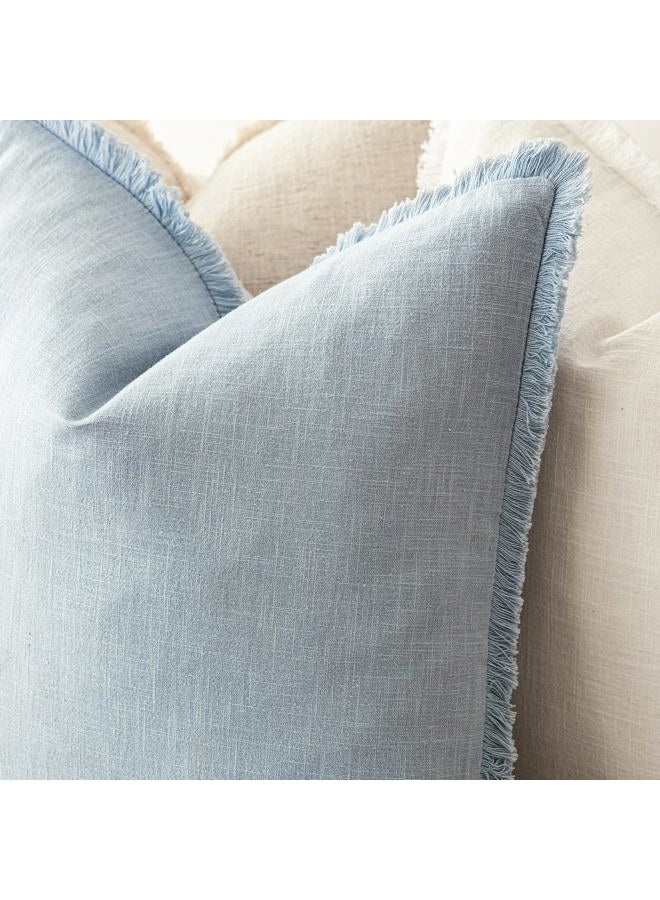 Foindtower Set of 2 Decorative Linen Fringe Lumbar Throw Pillow Covers Boho Farmhouse Cushion Cover with Tassels Soft Accent Pillowcase for Couch Sofa Bed Living Room Home Decor,12×20 Inch,Sky Blue - Image 5