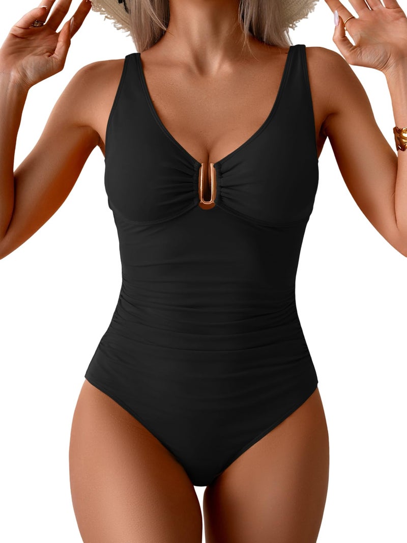 B2prity One Piece Swimsuit for Women Tummy Control Ruched Bathing Suit V Neck Push Up Swim Suit Black - Image 1